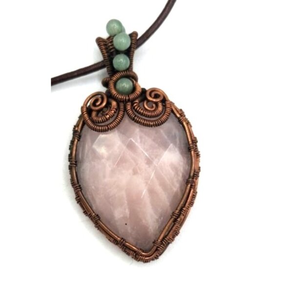 Rose Quartz Gemstone Copper Wire Wrapped Handmade Jewelry Pendant - Picture 2 of 3